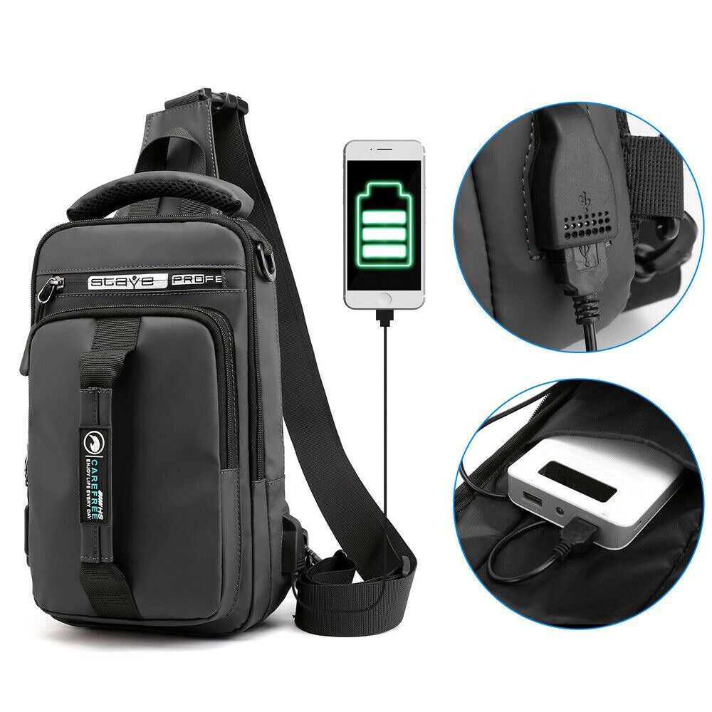 Anti-Theft Men'S Sling Crossbody Bag Chest Shoulder Messenger Backpack USB Port