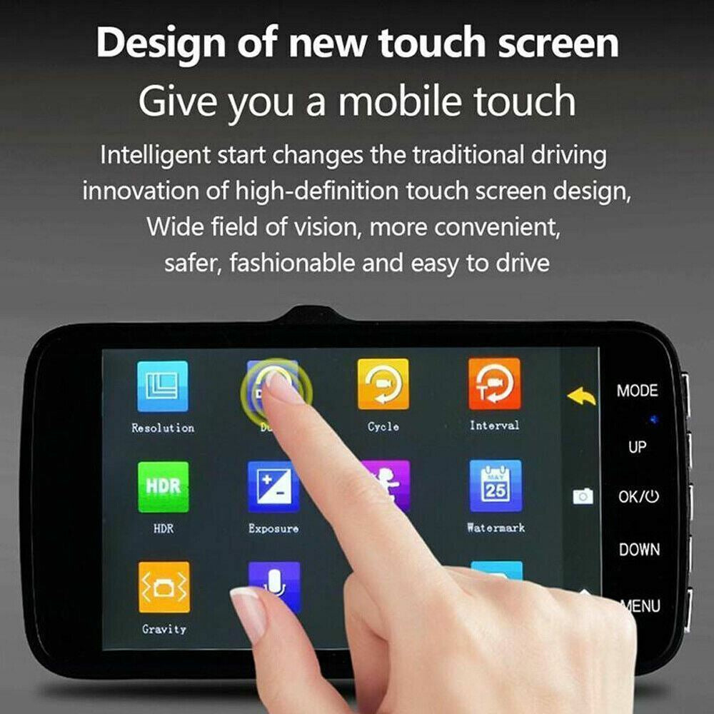 Touch Screen Dash Cam 4" 1080P Dual Lens Car DVR Recorder Front and Rear Camera
