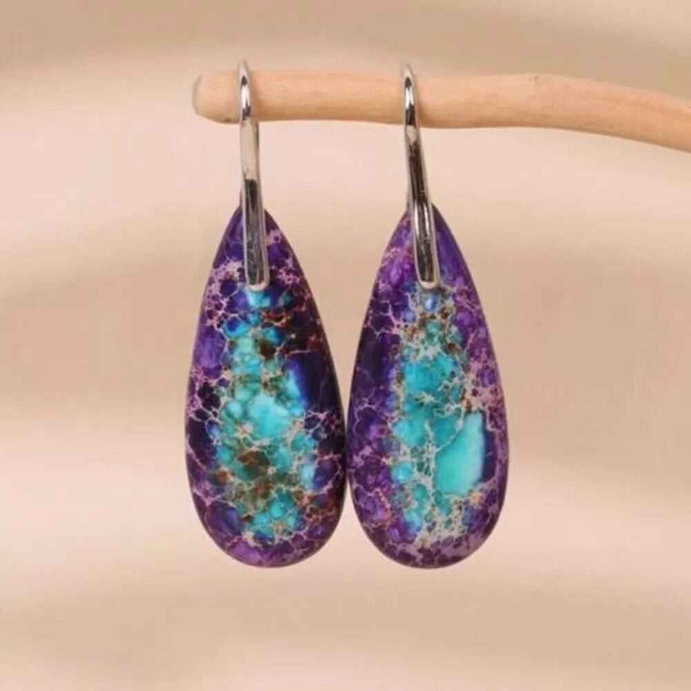 Jasper Stone Teardrop Dangle Earrings Natural Imperial Silver Blue Hook Drop US