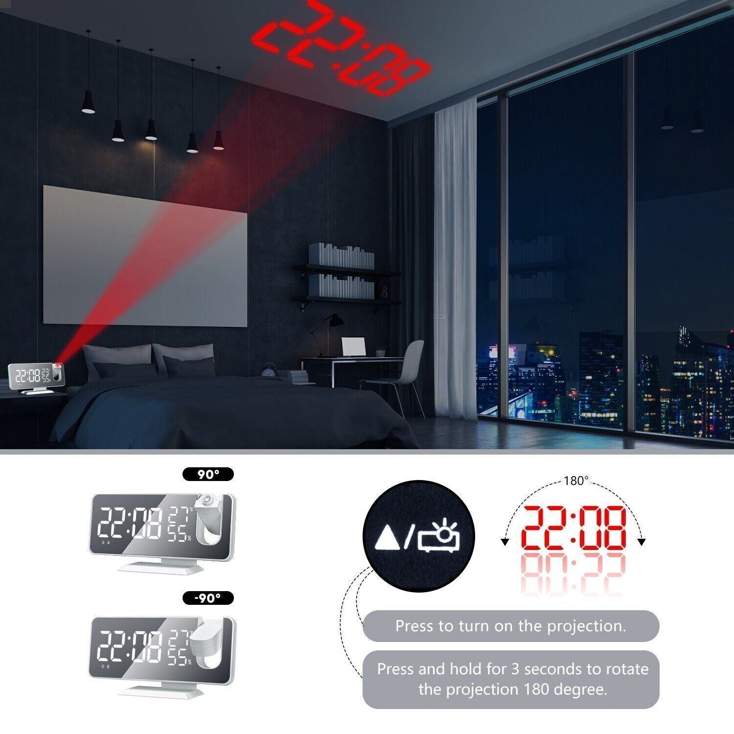 7.5" LED Digital Projector Projection Snooze Dual Alarm Clock FM Radio Timer USB