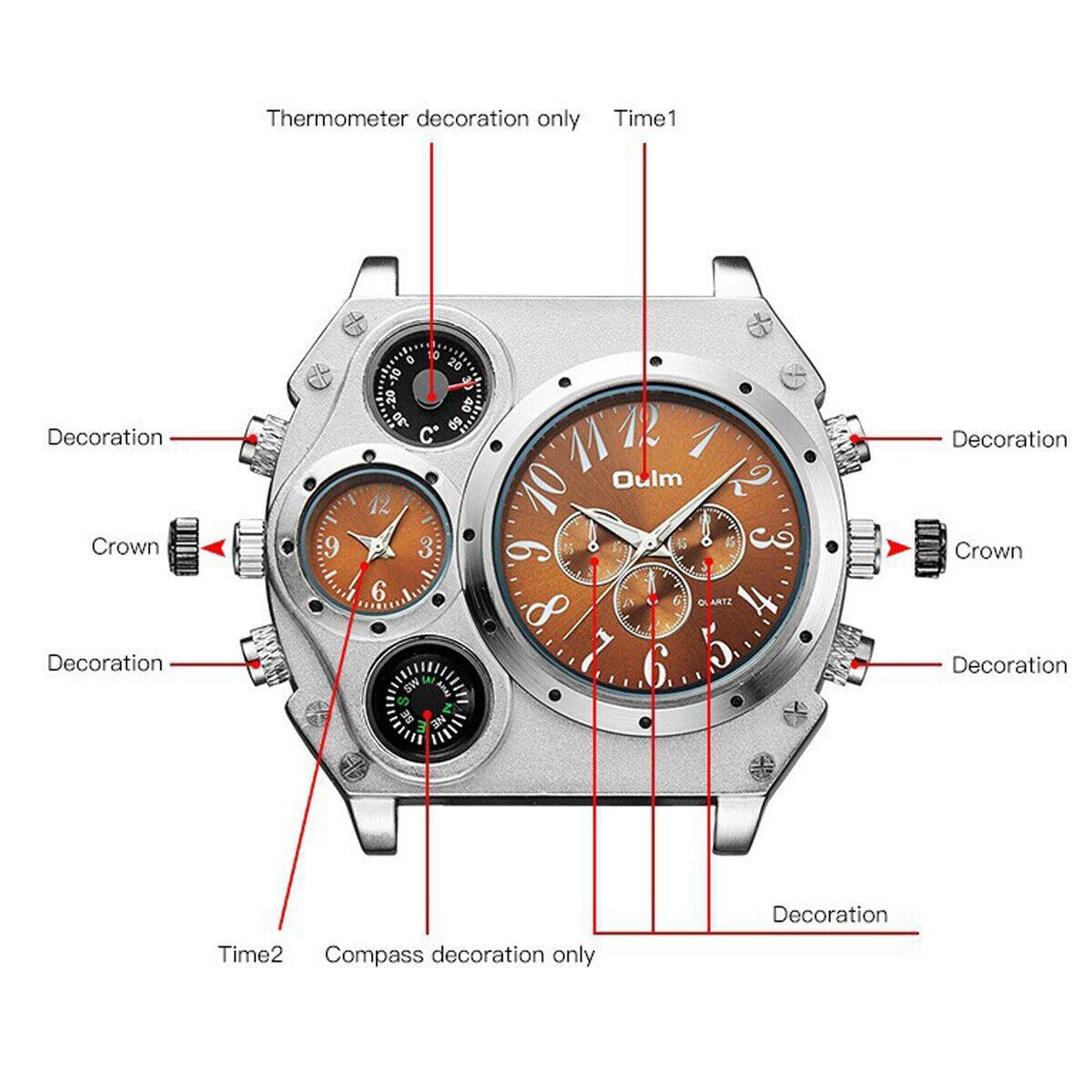 Two Time Zones Men Army Sports Fashion Big Dial Leather Strap Quartz Wrist Watch