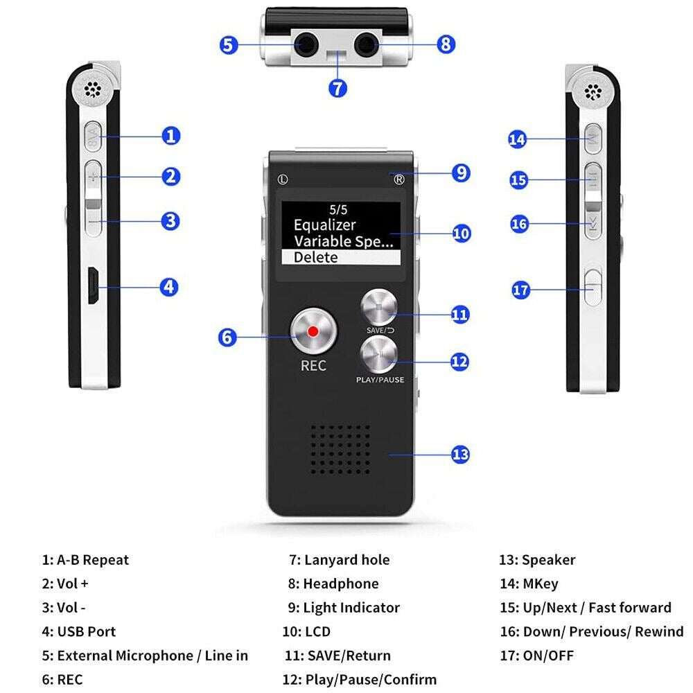 Lecture Digital Voice Recorder Dictaphone Audio MP3 Sound Mini Spy Recorder Mic