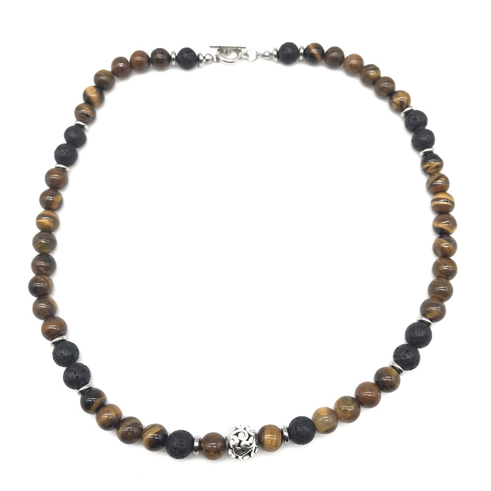 Men'S 8Mm Natural Tiger Eye Lava Bead Necklace Stainless Steel Toggle 18/20/24"