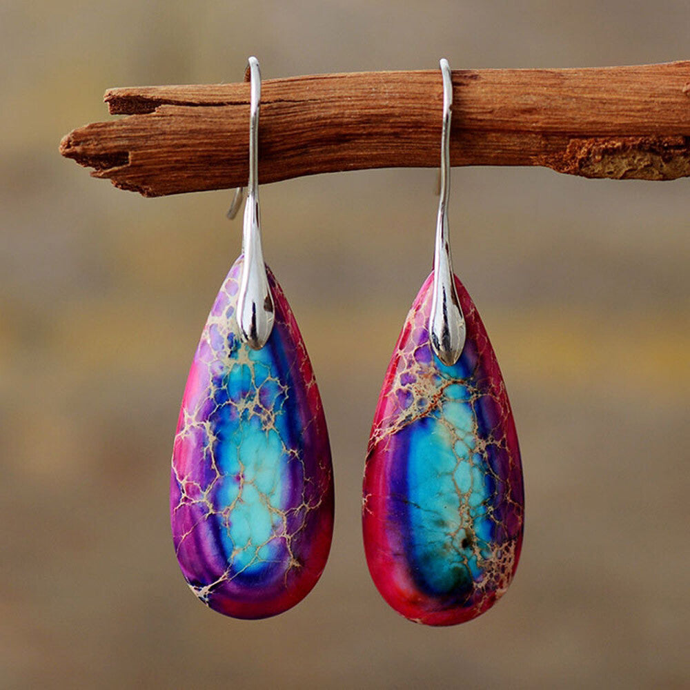 Jasper Stone Teardrop Dangle Earrings Natural Imperial Silver Blue Hook Drop US