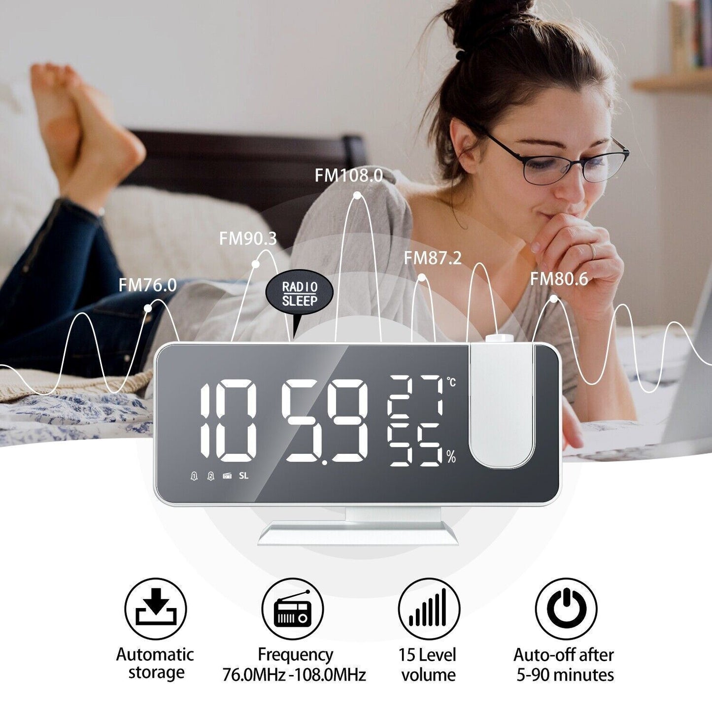 7.5" LED Digital Projector Projection Snooze Dual Alarm Clock FM Radio Timer USB