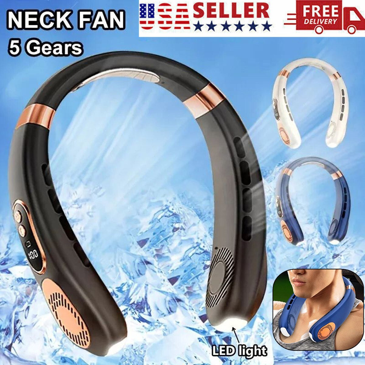 5-Speed Portable Hanging Neck Fan USB Rechargeable Bladeless W/ Cold Plate USA