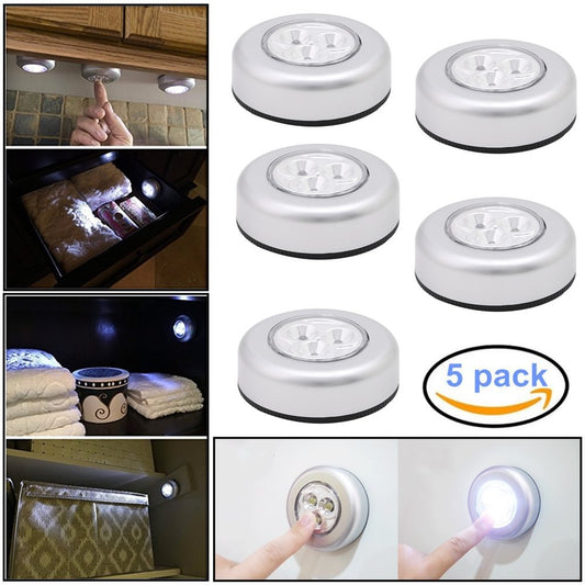 5 PCS 3 LED Touch Push On/Off Light Self-Stick on Click Battery Operated Lights