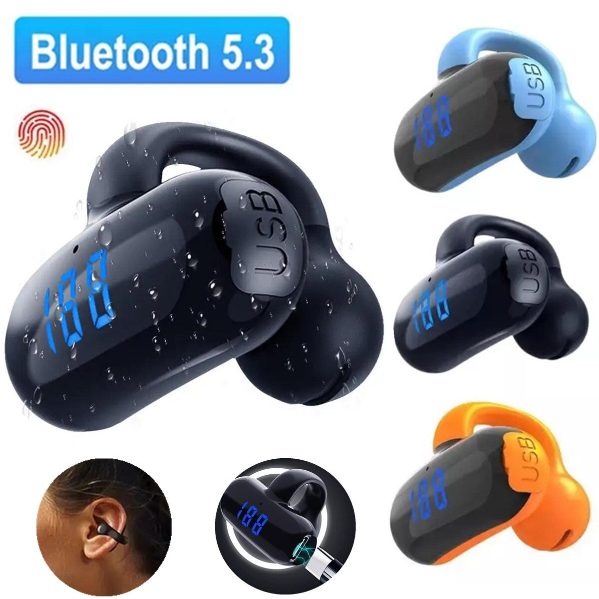 Bluetooth 5.3 Wireless Earbuds Ear Clip Bone Conduction Headphones Sport Headset