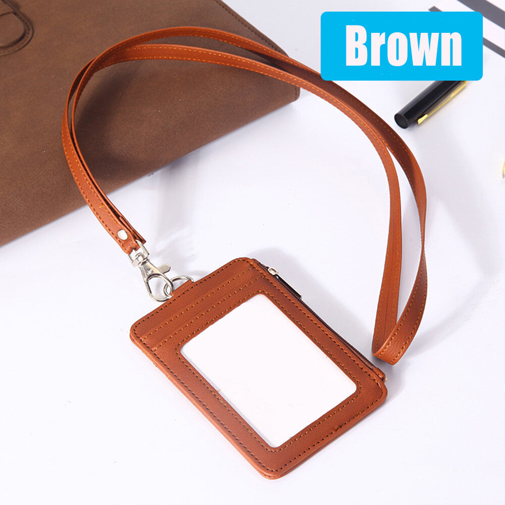 Vertical Leather ID Card Holder Badge Wallet Pocket W/6 Slot Neck Strap Lanyard
