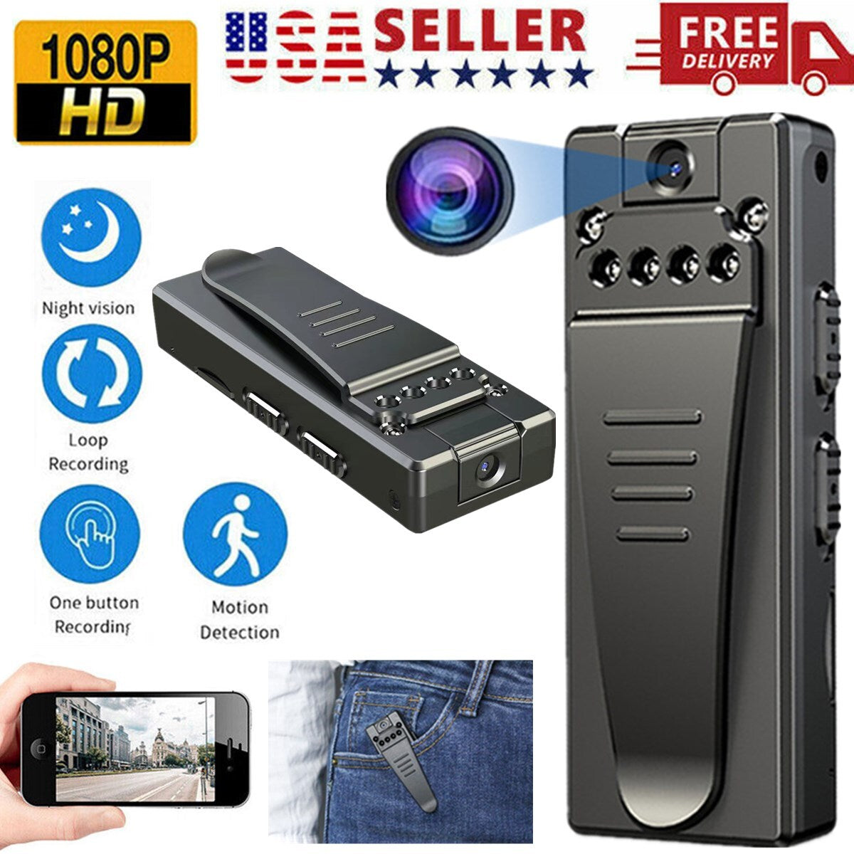 1080P HD Camcorder Mini Police Body Camera 180° Video DVR IR Night Cam 36 Hours