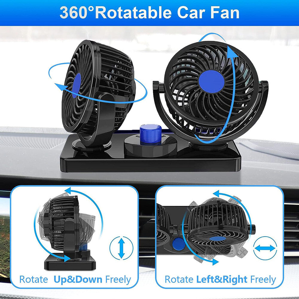 12V Dual Head Car Fan Portable Vehicle Truck 360° Rotatable Auto Cooling Cooler