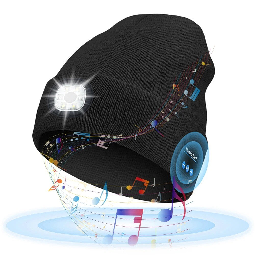 Bluetooth LED Beanie Hat with Music Speakers Mic Rechargeable Cap Head Lamp Gift