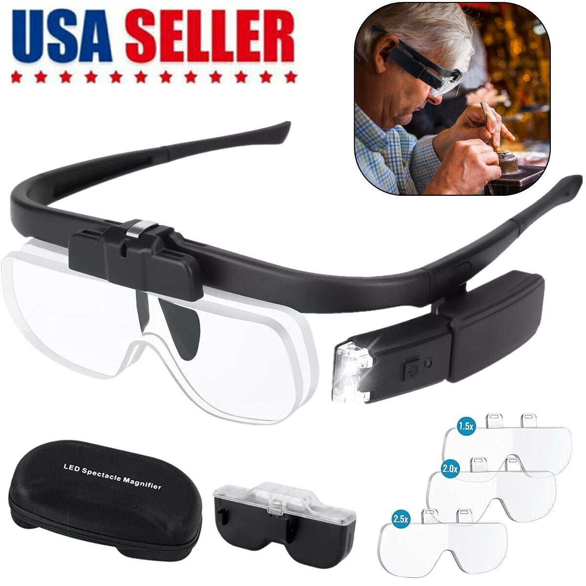 LED Jewelers Magnifying Glasses Headband Magnifier Illuminated Visor with 3 Lens