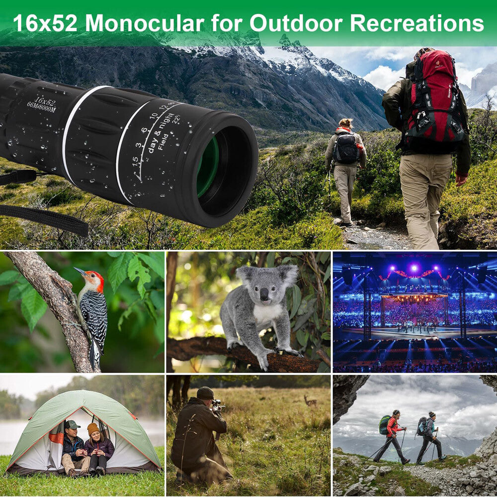 16X52 Dual Focus Monocular Zoom Rubber Armored Telescope for Hunting / Camping