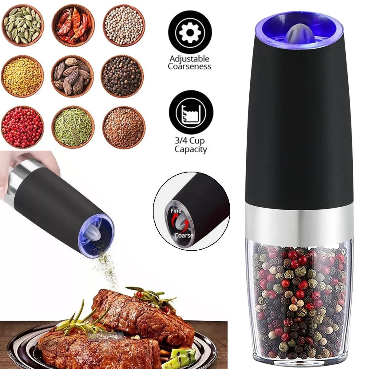 Automatic Blue LED Gravity Electric Salt Pepper Grinder Mill Shakers Adjustable