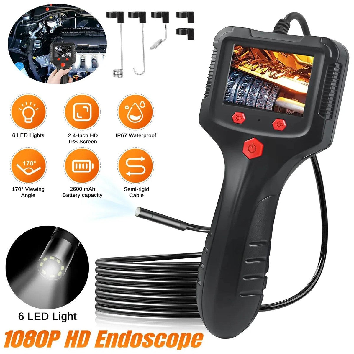 1080P LED Handheld HD Industrial Endoscope Borescope 8Mm Inspection Snake Camera