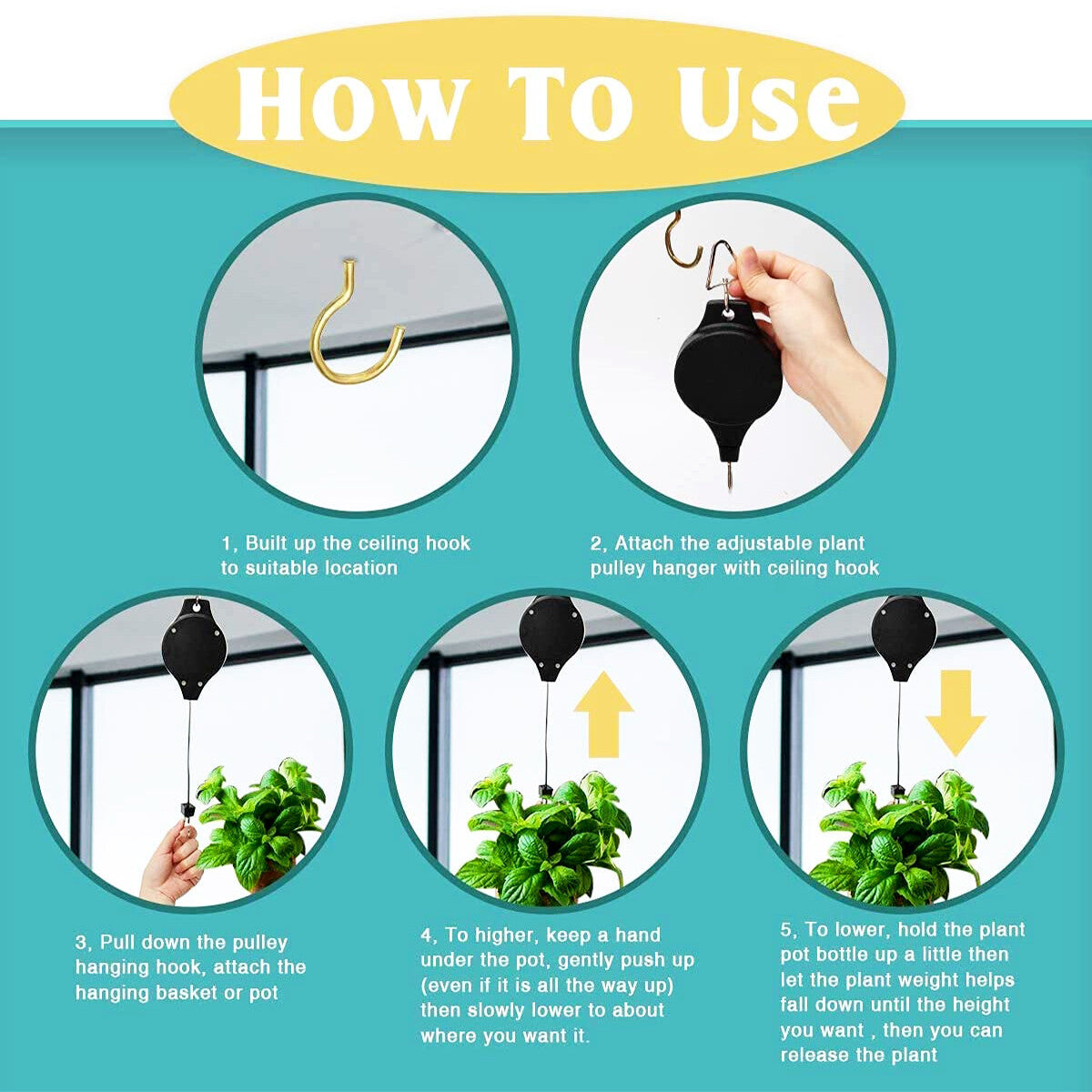 1/2/4 PCS Retractable Pulley Hook Hanging Pull down Hanger Garden Flower Plant