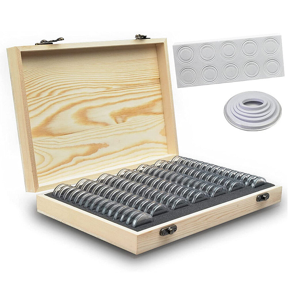100PCS Coin Capsules with Foam Gasket Holder Case Wooden Storage Case Collection