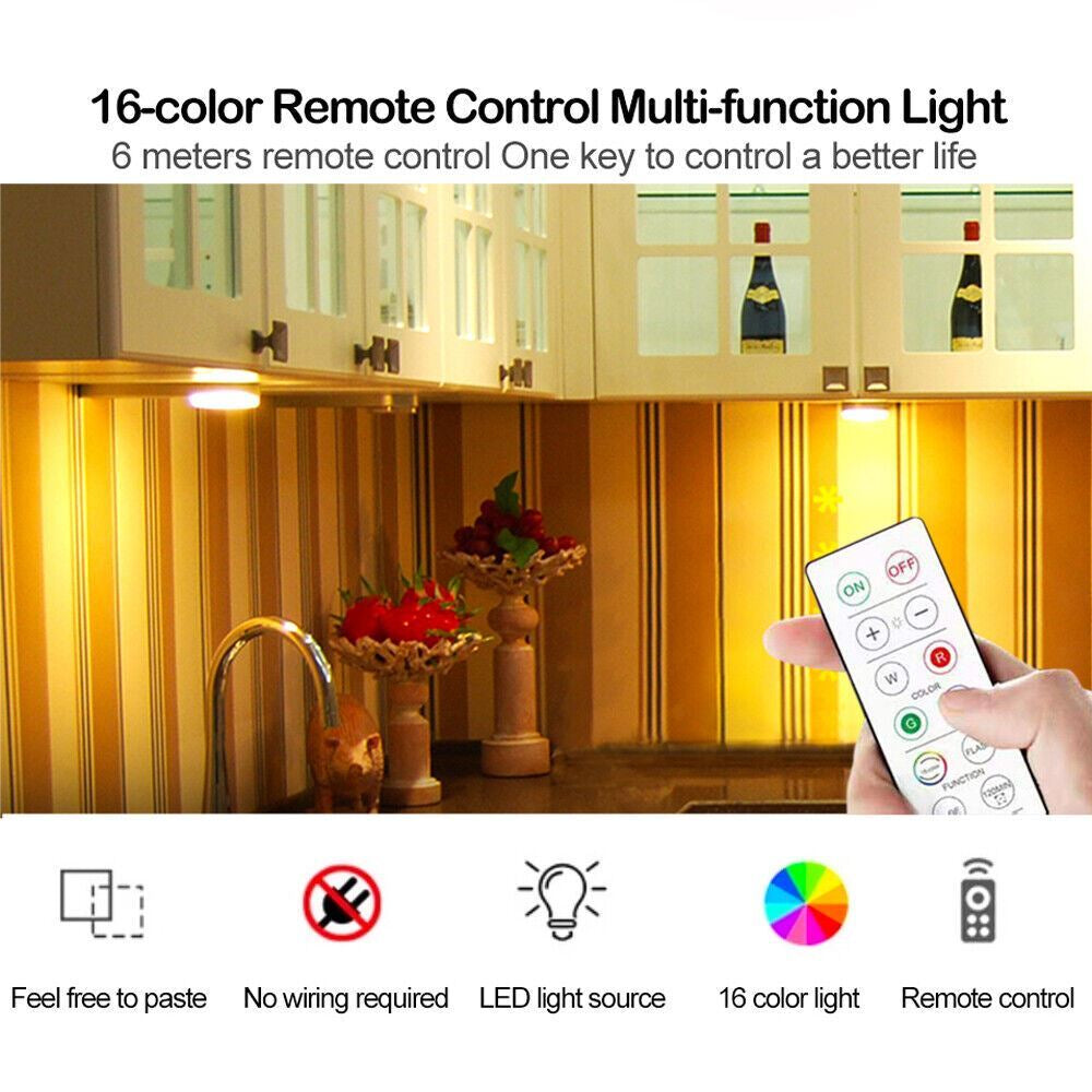 3PCS LED Puck Light Wireless under Cabinet Lighting Kit Kitchen Counter Light US