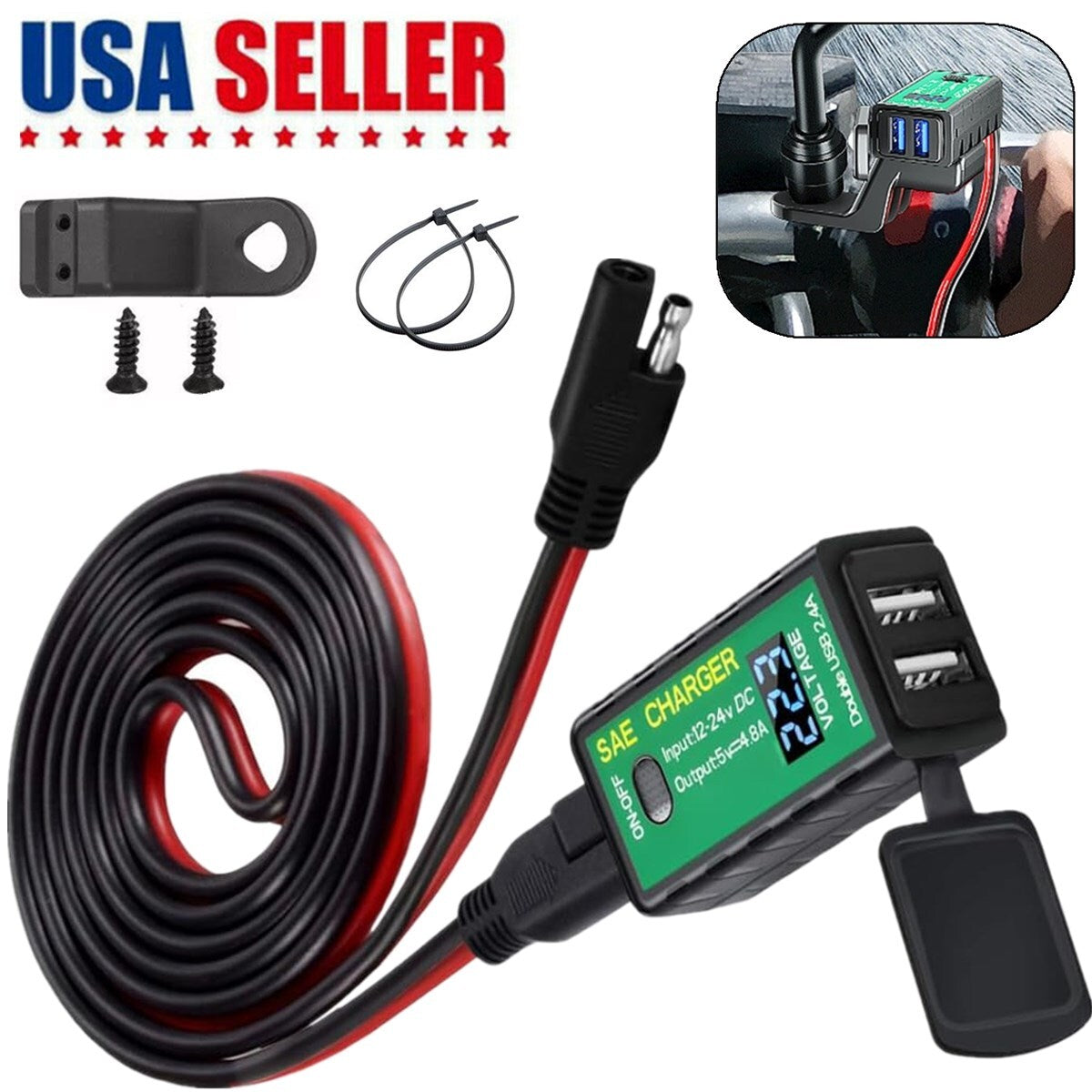 US Waterproof Motorcycle SAE to Dual USB Charger Port Voltmeter Adapter ATV UTV