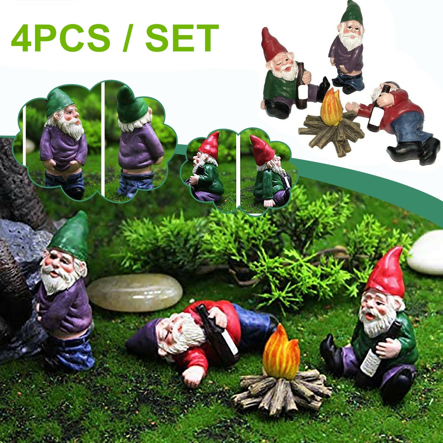 4PCS Fairy Garden Gnomes Accessories My Little Friend Drunk Gnome Dwarfs Gift US