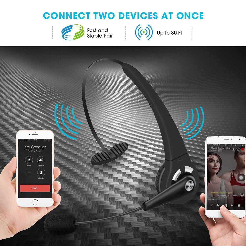 Wireless Bluetooth Headset Noise Cancelling over the Head Boom W/Mic for Trucker