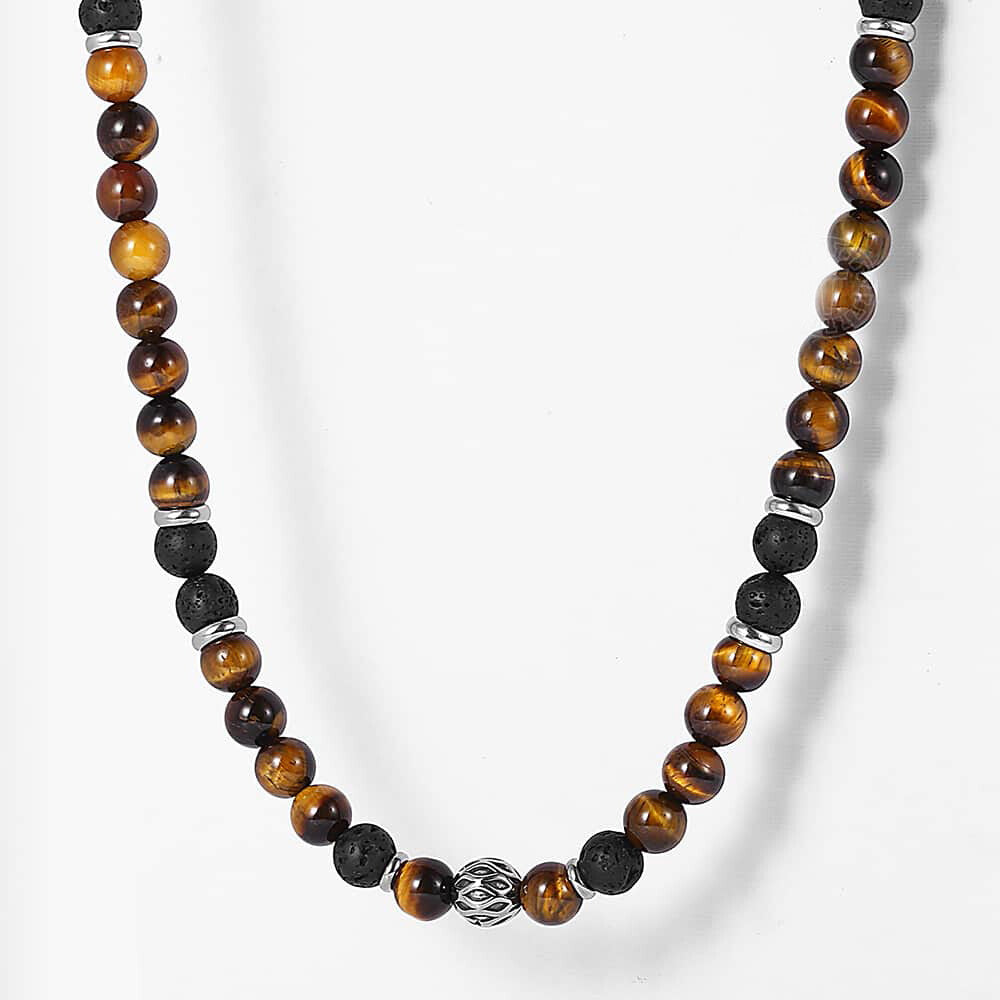 Men'S 8Mm Natural Tiger Eye Lava Bead Necklace Stainless Steel Toggle 18/20/24"