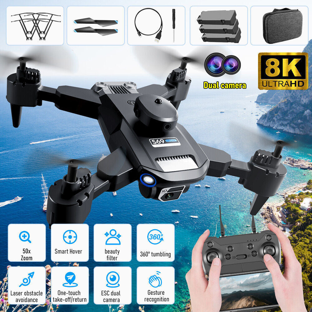 RC Drone Quadcopter 8K HD Dual Camera GPS Wifi FPV Foldable + 3 Batteries 2023