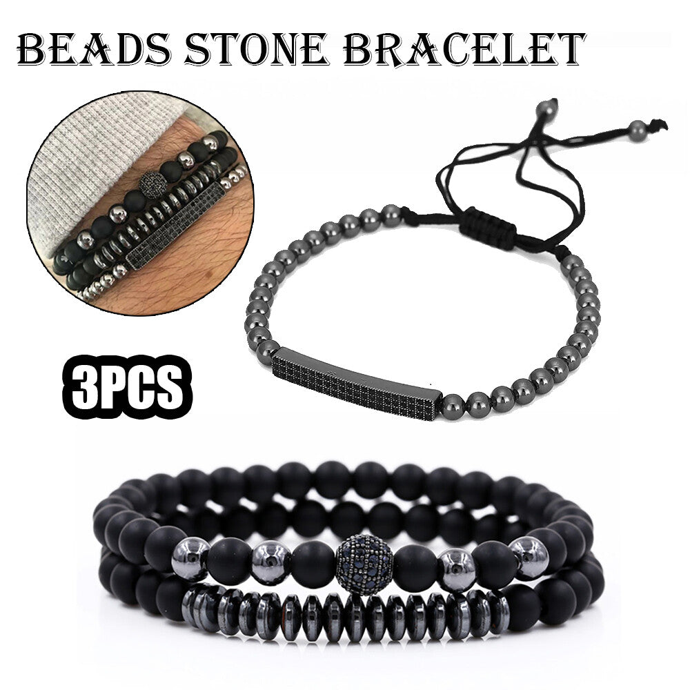 3PCS Black Beads Stainless Steel Bracelet Bangle Jewelry Gift for Men Fashion US