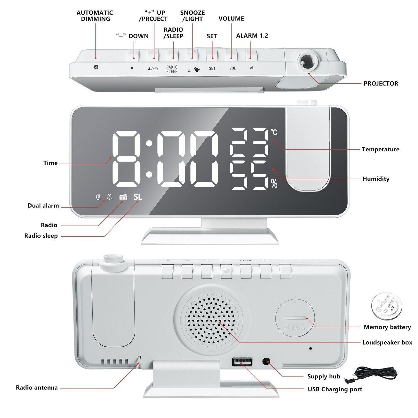 7.5" LED Digital Projector Projection Snooze Dual Alarm Clock FM Radio Timer USB