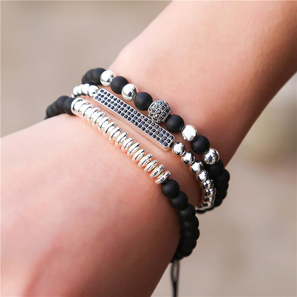 3PCS Black Beads Stainless Steel Bracelet Bangle Jewelry Gift for Men Fashion US