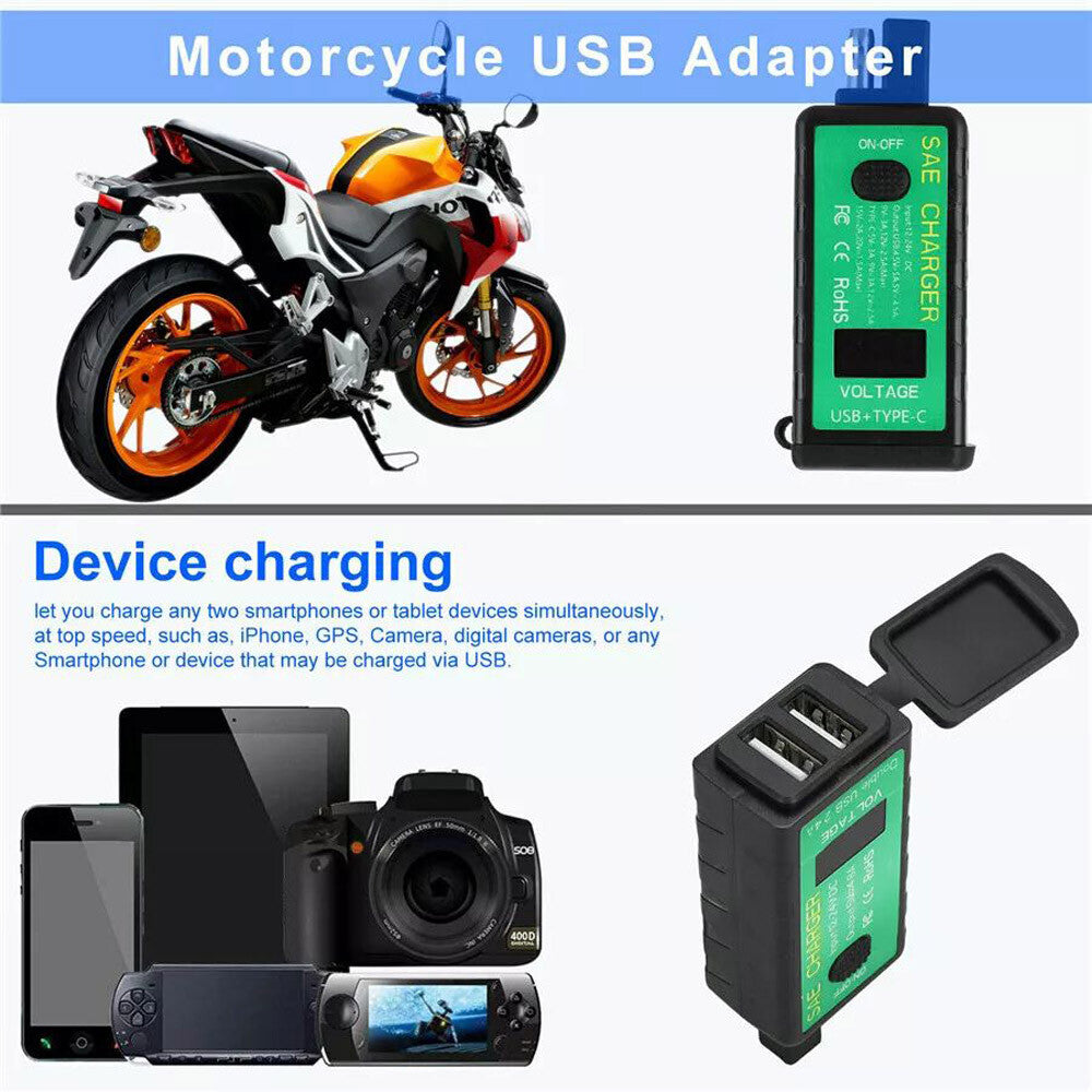 US Waterproof Motorcycle SAE to Dual USB Charger Port Voltmeter Adapter ATV UTV