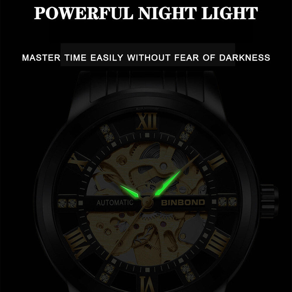 Luxury Men'S Stainless Steel Gold Tone Skeleton Automatic Mechanical Wrist Watch