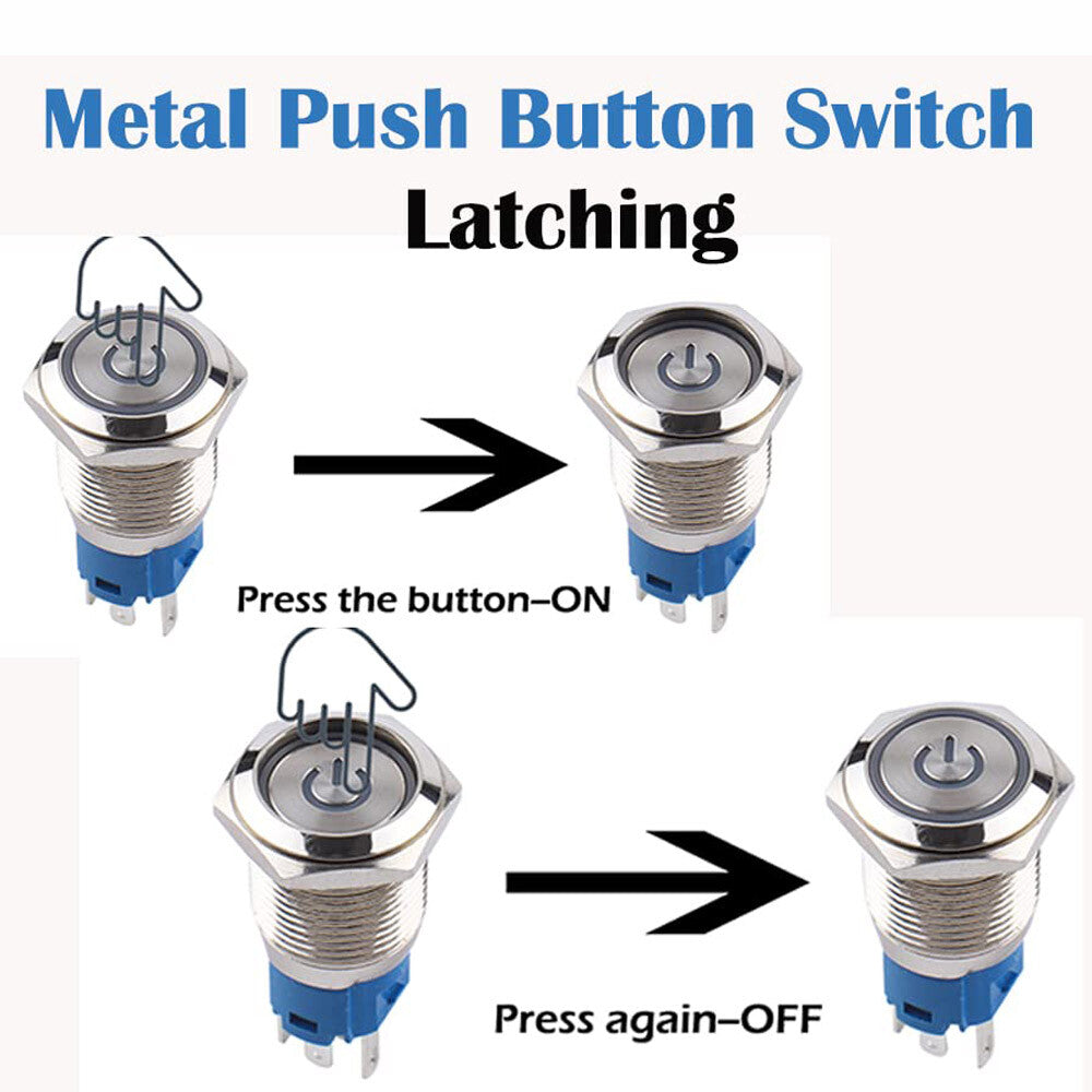 Latching Push Button Power Switch 16Mm 12V LED on off Waterproof Stainless Steel