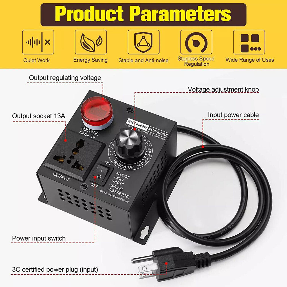 AC 120V~220V 4000W SCR Motor Speed Controller Volt Regulator Thermostat Dimmer