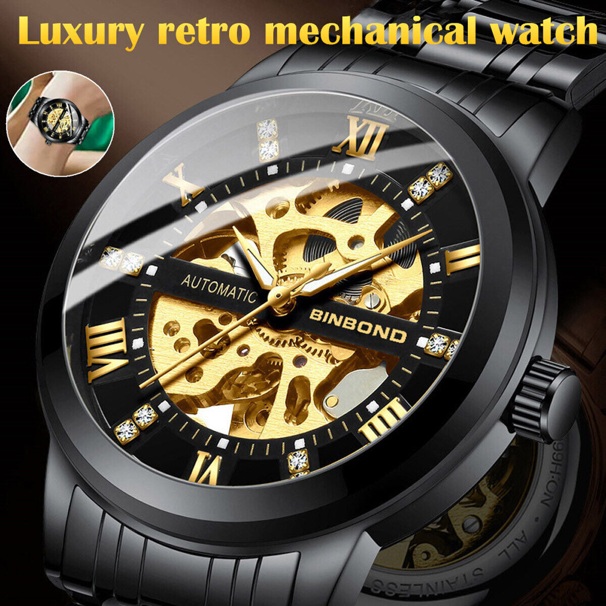 Luxury Men'S Stainless Steel Gold Tone Skeleton Automatic Mechanical Wrist Watch