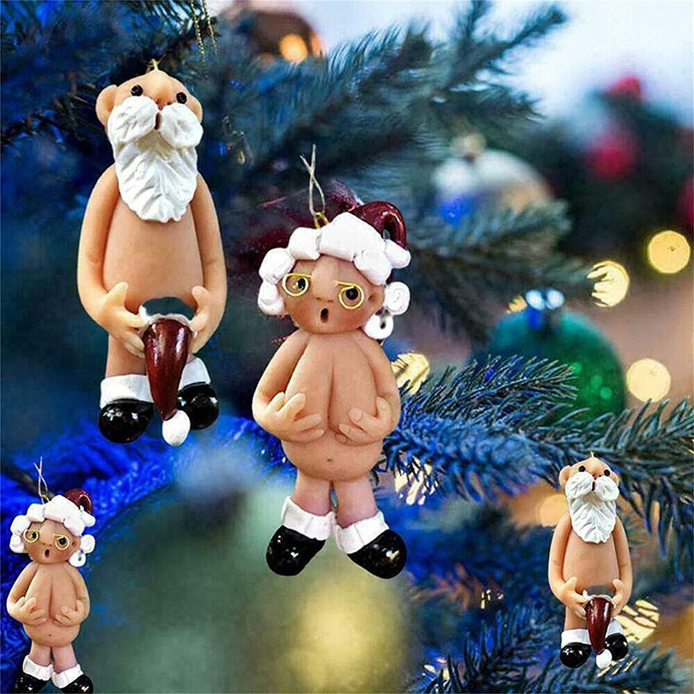 2PCS Resin Santa Claus Ornament Naked Santa Naughty Funny Christmas Tree Pendant