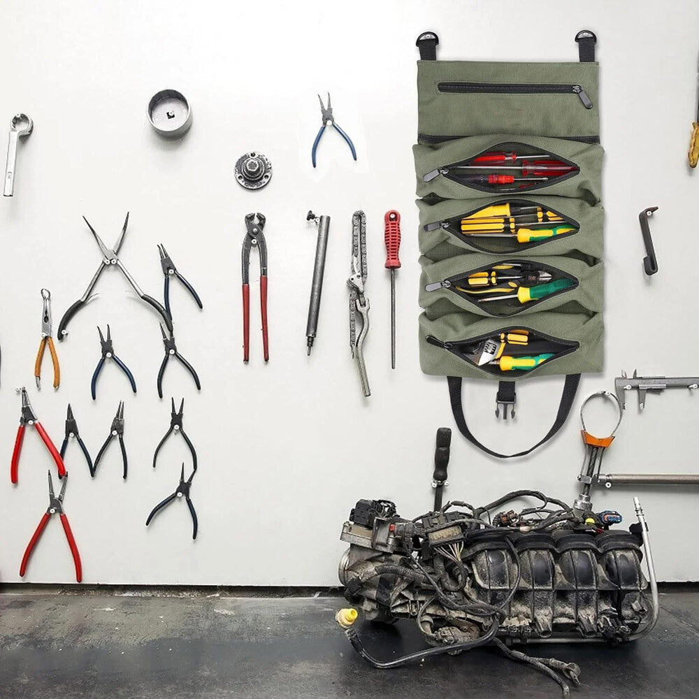 Multi-Purpose Tool Roll up Bag 5 Pocket Wrench Pouch Canvas Hanging Organizer US