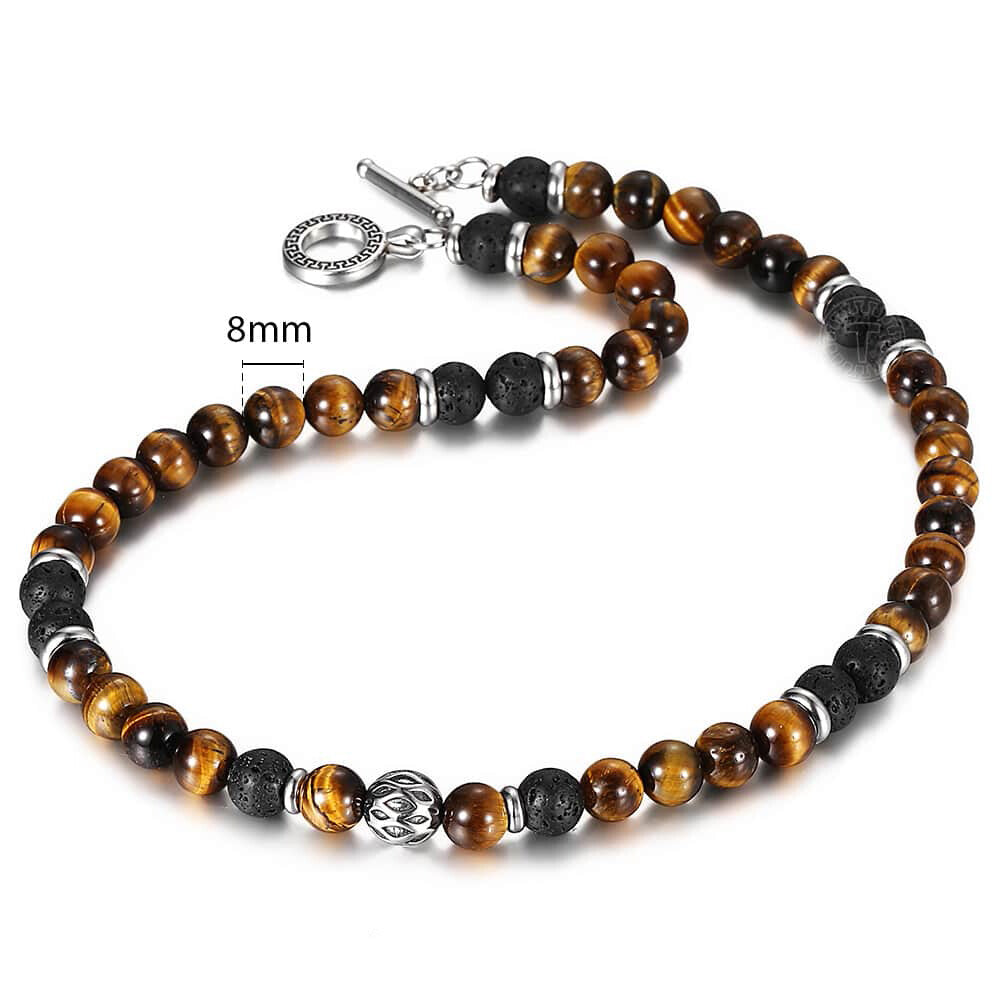 Men'S 8Mm Natural Tiger Eye Lava Bead Necklace Stainless Steel Toggle 18/20/24"