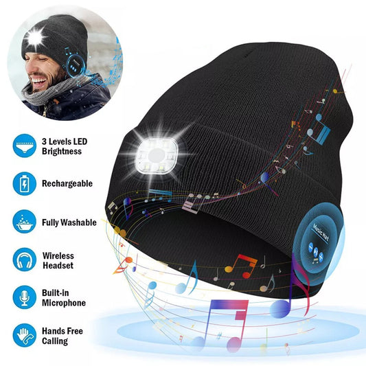Bluetooth LED Beanie Hat with Music Speakers Mic Rechargeable Cap Head Lamp Gift