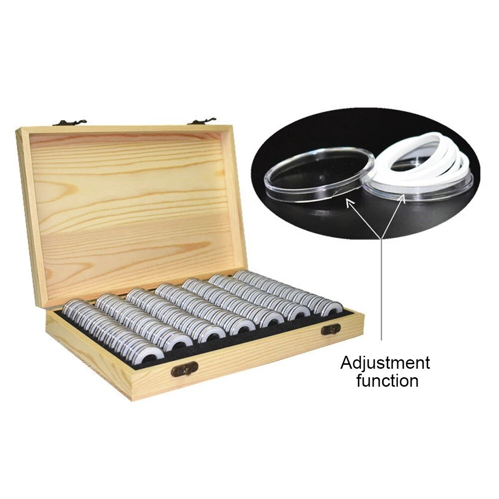 100PCS Coin Capsules with Foam Gasket Holder Case Wooden Storage Case Collection