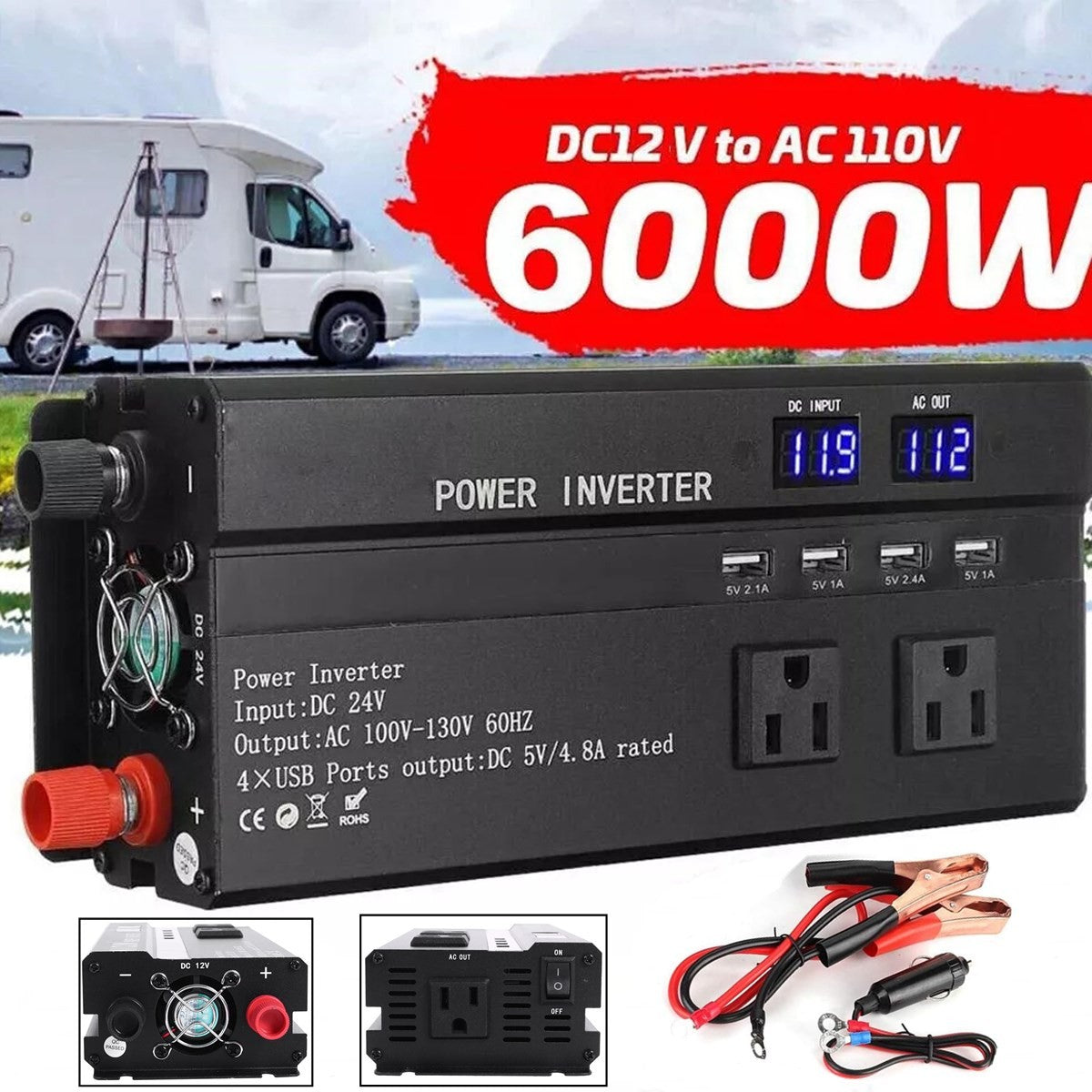 6000W Solar Converter Car Power Inverter DC 12V to AC 110V LCD Sine Wave Home RV