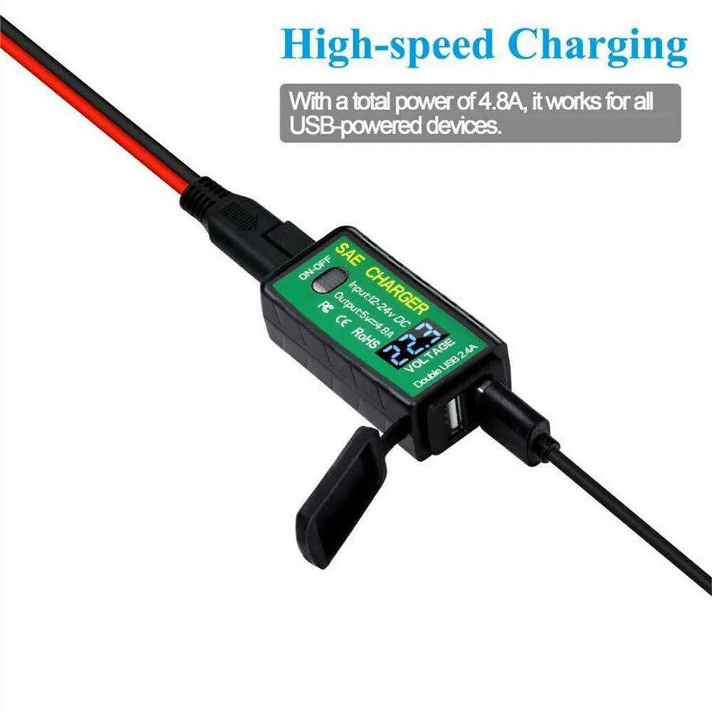 US Waterproof Motorcycle SAE to Dual USB Charger Port Voltmeter Adapter ATV UTV