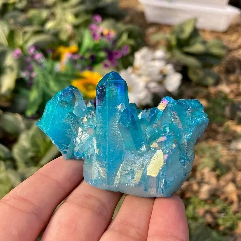 80-100G Titanium Aura Blue Crystal Rock Rainbow Healing Cluster Geode Decor Gift