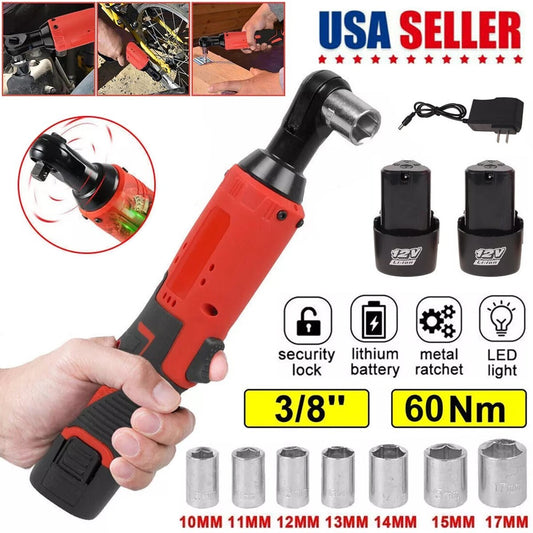 Electric Cordless Ratchet 3/8" Right Angle Wrench Impact Power Tool + 2 Battery