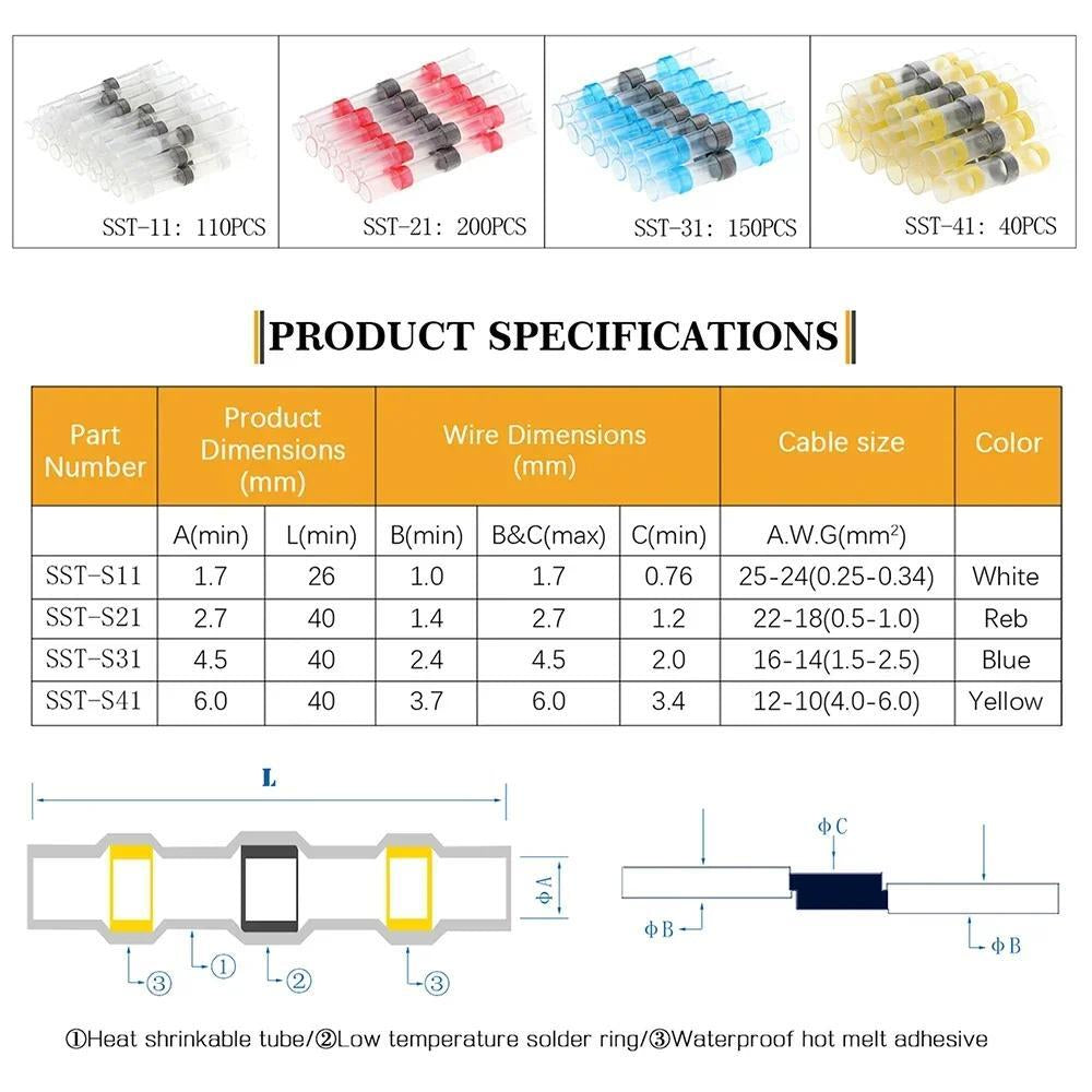 500X Heat Shrink Waterproof Solder Seal Sleeve Wire Butt Connectors Terminal Kit