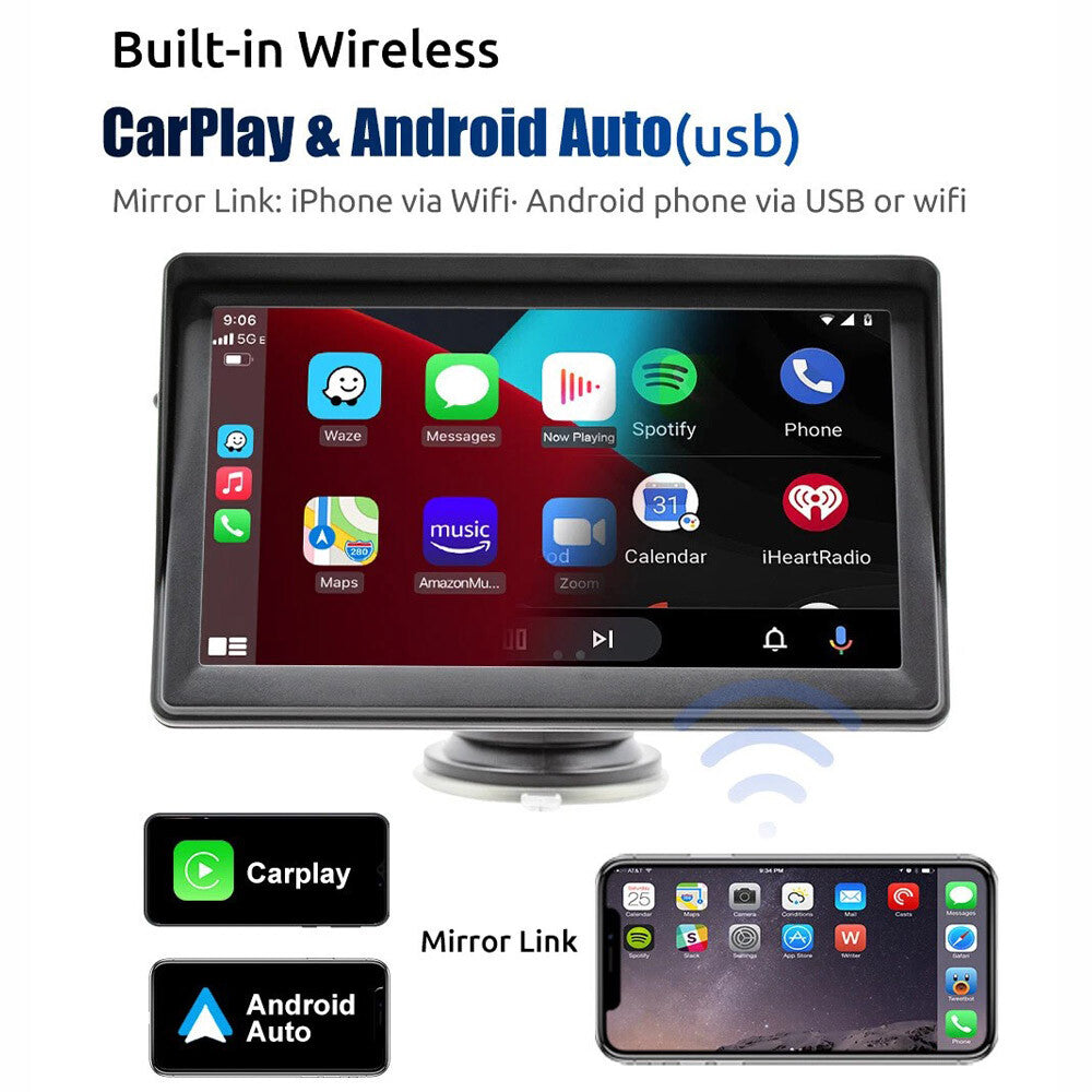7" Portable Wireless Car Stereo with Carplay Android Auto Play FM & Backup Cam