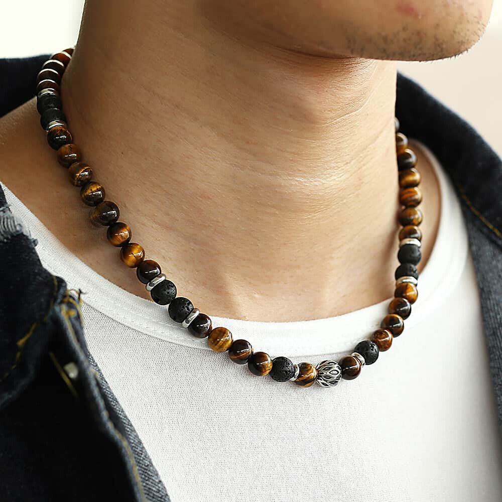Men'S 8Mm Natural Tiger Eye Lava Bead Necklace Stainless Steel Toggle 18/20/24"