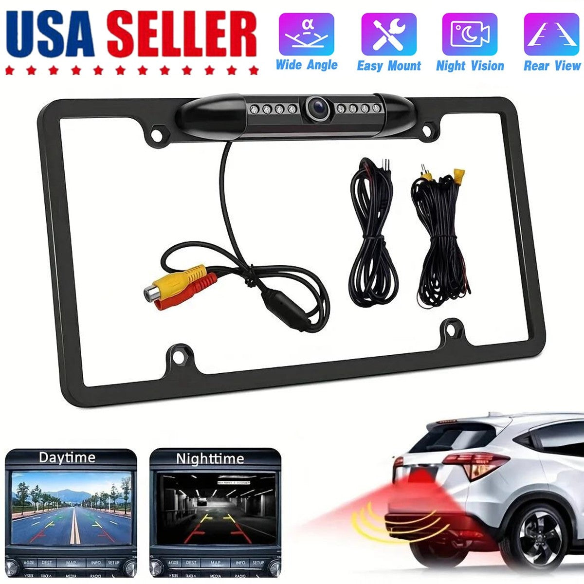 Backup Camera US License Plate Metal Frame Rear View CMOS HD LED Night Vision
