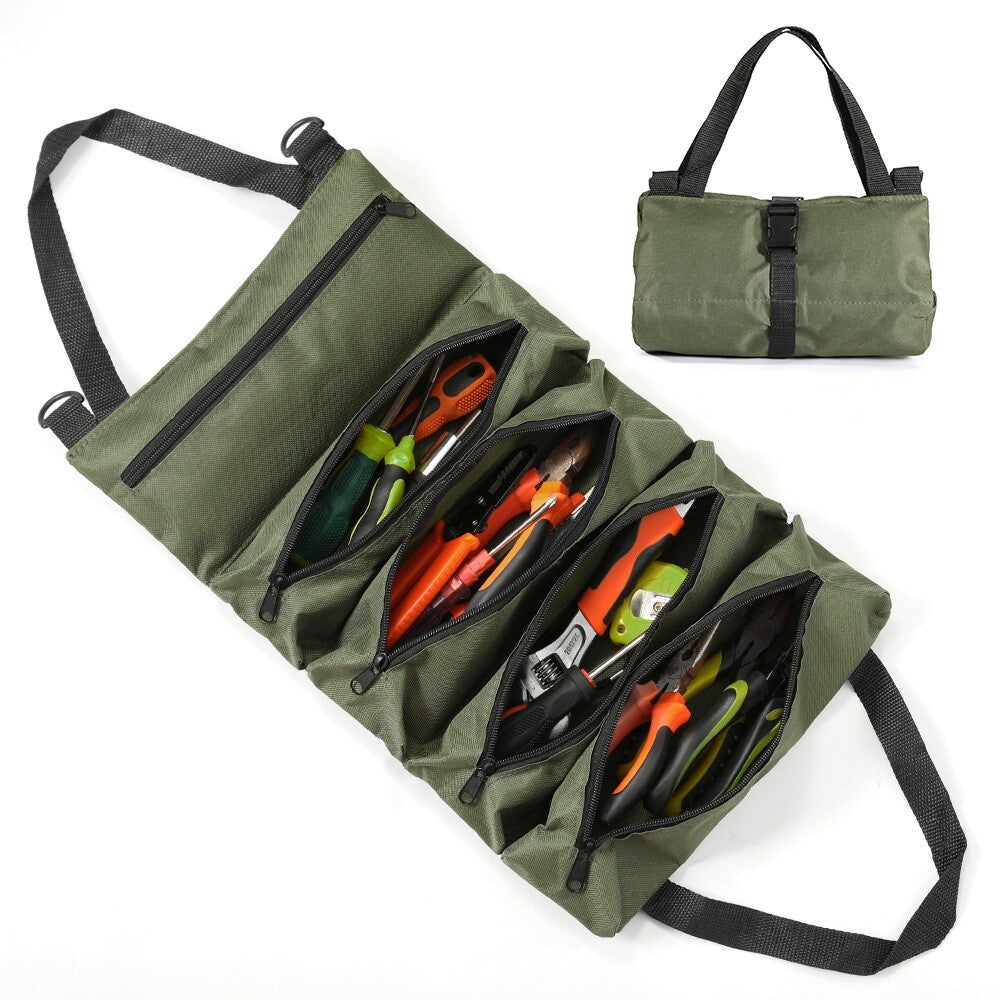 Multi-Purpose Tool Roll up Bag 5 Pocket Wrench Pouch Canvas Hanging Organizer US